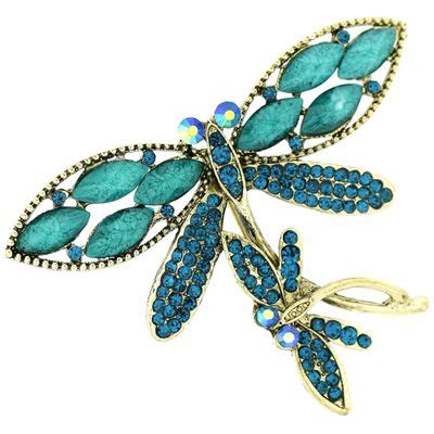 Vintage Inspired Turquoise Blue Bead And Crystal Double Dragonfly Brooch
