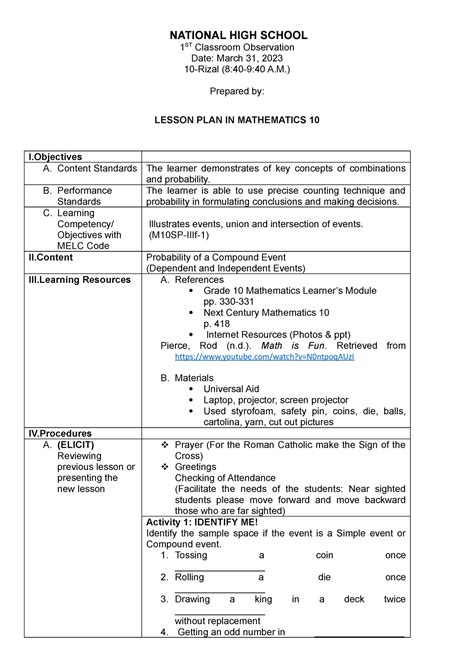 Co1 2022 2023 final - lesson plan for demo. - NATIONAL HIGH SCHOOL 1 ST