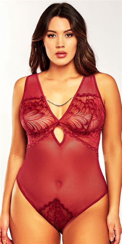 Plus Size Burgundy Mesh Lace Teddy Sexy Curvy Womens Lingerie