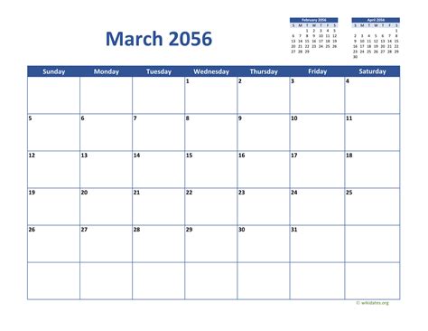March 2056 Calendar Classic