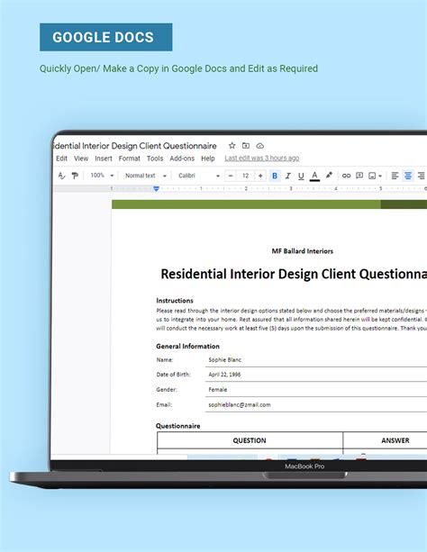 Residential Interior Design Client Questionnaire In Excel Word Pdf