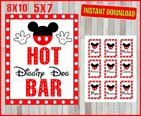 Printable Mickey Mouse Hot Diggity Dog Bar Sign And Condiment Etsy