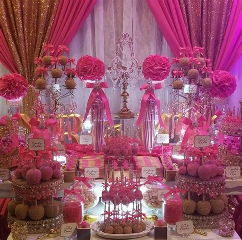 Fuschia Pink And Gold Wedding Sweets Table With Chocolate Candy Apples