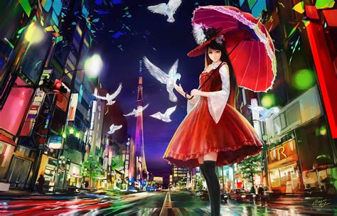 City Birds Red Dress Anime Girls Umbrella Thigh Highs