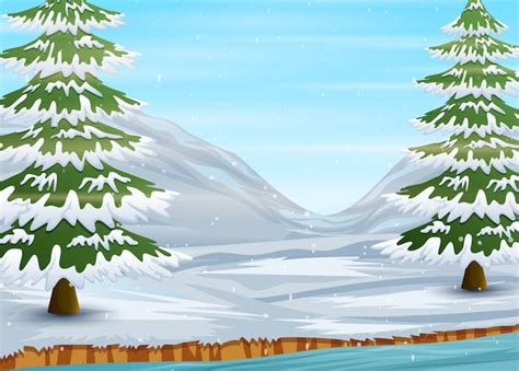 Dibujos Animados De Paisaje Invernal Con Suelo Nevado Y Abetos Vector