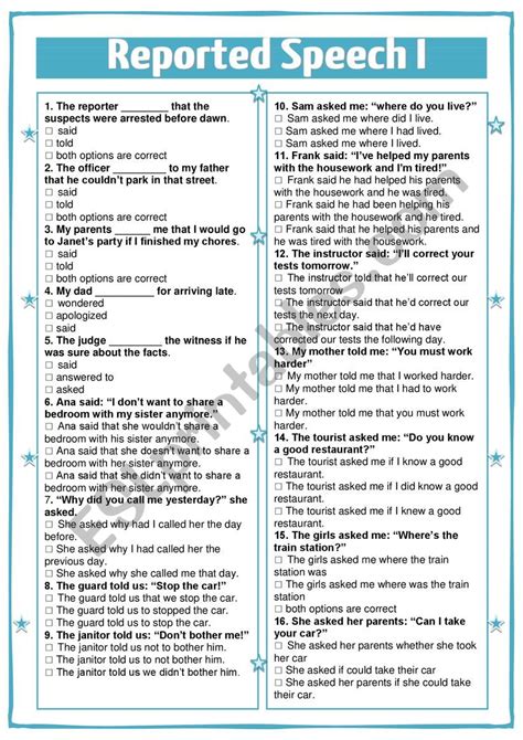 Reported Speech Multiple Choice Esl Worksheet By Nuria08