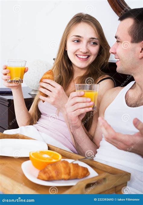 Couple Having Breakfast In Bed Stock Image Image Of Couple Squeezed