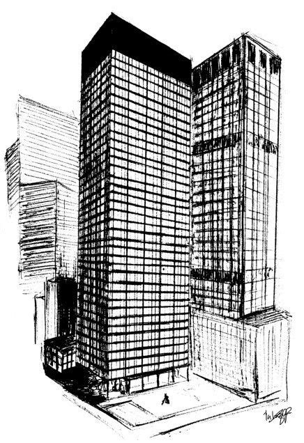 A Black And White Drawing Of Two Tall Buildings