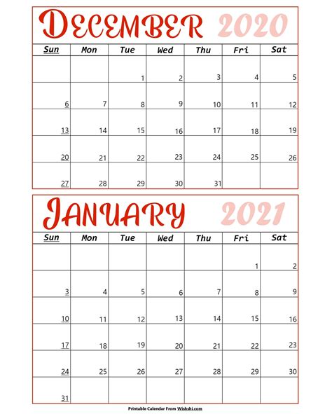 Dec 2020 Jan 2021 Calendar Free Letter Templates
