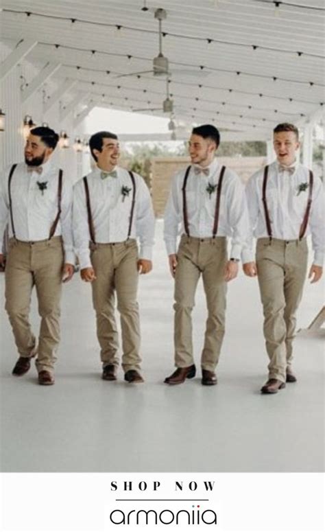 Brown Leather Suspenders And Beige Bow Tie Groomsmen Attire Wedding