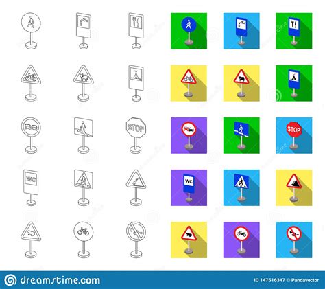 Different Types Of Road Signs Outlineflat Icons In Set