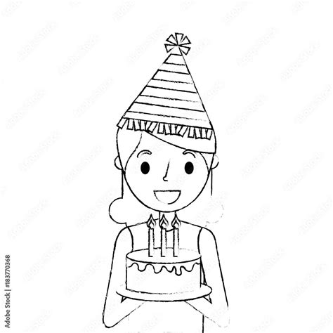 Happy Woman Holding Birthday Cake Wearing Party Hat Vector Illustration Sketch Stock Vector