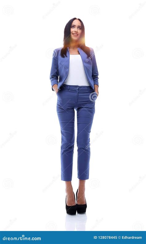 Modern Business Woman Smiling And Standing Over White Stock Image