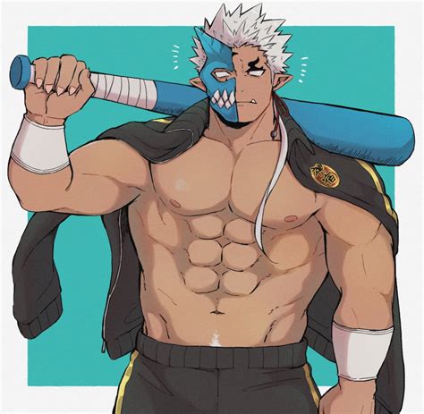 Safebooru - 1boy abs bara chest dark skin dark skinned male fang half