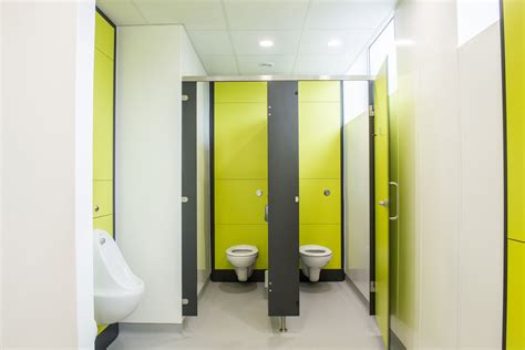 Grey And Green Toilet Cubicles In School Washroom Refurbishment Project