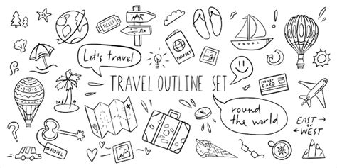 Premium Vector Simple Outline Travel Set Line Hand Drawn Doodle Style