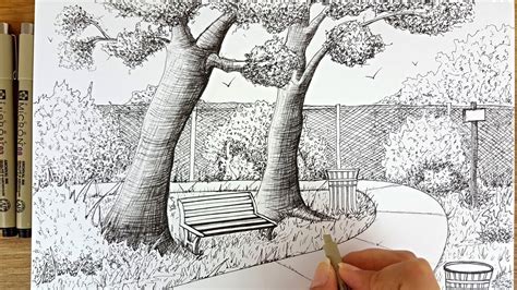 How To Draw A Park Scenery Pen And Ink Drawing2 Youtube