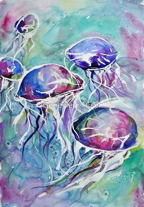 Jellyfish Watercolor Underwater Scene Painting By Genevieve Cseh