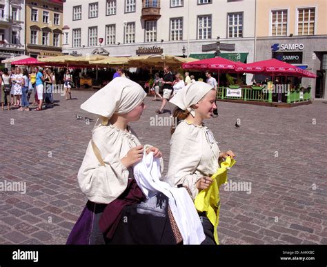 Estonia Tallinn Girls In Medieval Costumes Old Town Stock Photo Alamy