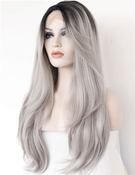 K’ryssma Ombre Gray 2 Tones Synthetic Lace Front Wig Dark Roots Long Natural Straight Silver