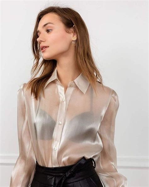 pin by pascaline jite on transparences in 2020 sheer blouse outfit shiny blouse white satin