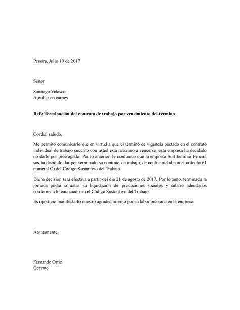 Modelo Carta Preaviso Terminacion De Contrato Laboral Colombia Enero