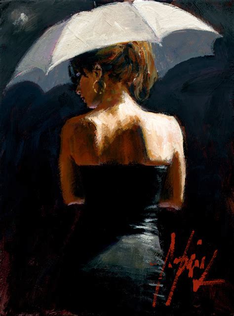 Painting of couple walking on street surrounded with trees while holding umbrella, painting, park, rain, trees. Artist Fabian Perez Limited Edition Giclee on Canvas