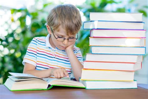 Little Kid Boy Reading Book At School Stock Image Image Of Background