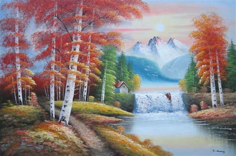 Small Waterfall Scenery In Alaska Colorful Autumn Oil Painting
