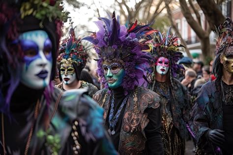 Premium Ai Image Mardi Gras Parade In The Streets With Masked And Costumed Revelers Created