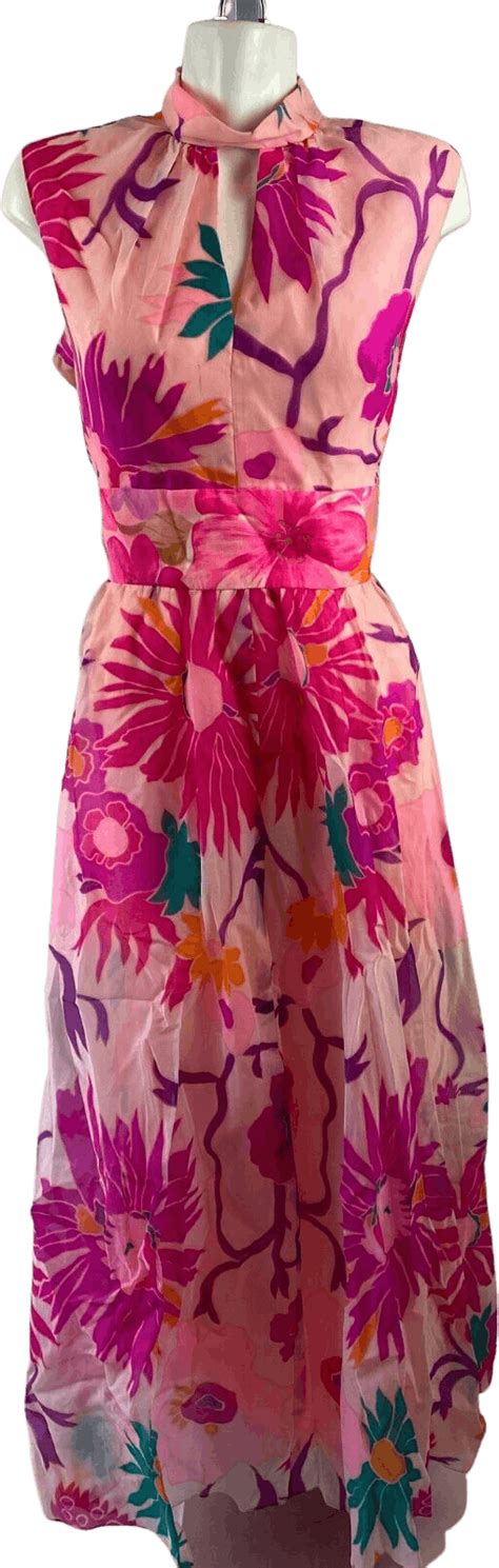 vintage 70 s pink colorful floral sleeveless maxi dress with keyhole neckline shop thrilling