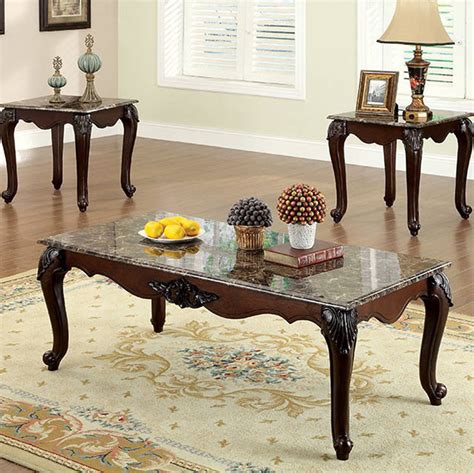 Homeroots Dark Cherry Solid Wood Brown Faux Marble Top 3pc Coffee Table