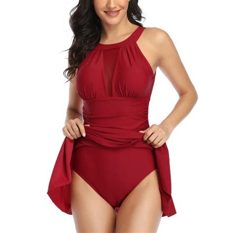 Women S One Piece Swimdress Tummy Control High V Neck Mesh Ruched Swimsuits Nice Plus Size