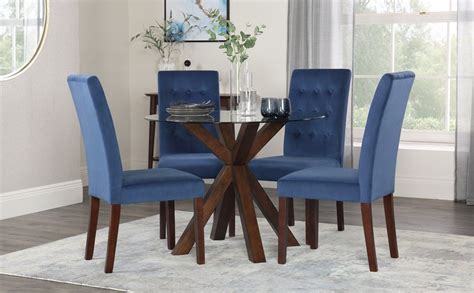 If so, adding metal dining chairs on one side and wooden dining chairs on the other is an excellent option. Hatton Round Walnut and Glass Dining Table with 4 Regent Blue Velvet Chairs Only £449.99 | F ...