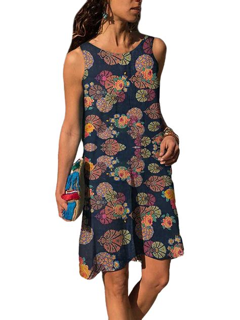 Ukap Women Fashion Sleeveless Tank Dress O Neck Floral Print Casual