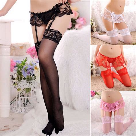 2021 sexy womens sheer lace top thigh highs stockings and garter belt suspender set from maoku