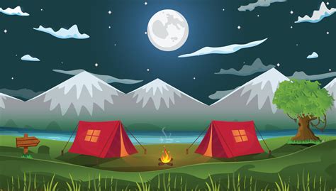 Night Natural Cartoon Background Camping Scene With Two Tents Fire