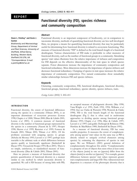 Pdf Functional Diversity Fd Species Richness And Community