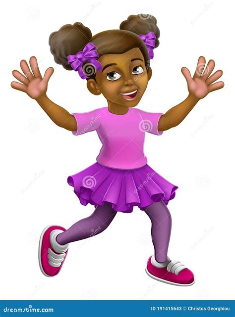 Happy Black Girl Cartoon Child Kid Waving Running Stock Vector