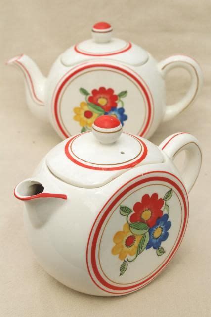 Cottage Style Vintage Tea And Coffee Pots Bright Flowers Hand Painted