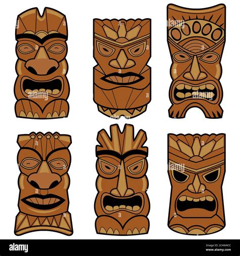 Conjunto De Máscaras De Dibujos Animados De La Estatua De Tiki Hawaiana Fotografía De Stock Alamy