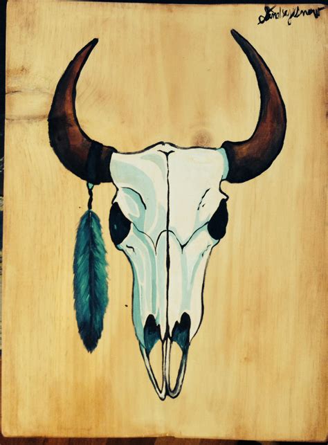 Acrylic Painting Of A Bull Skull On A Scrap Piece Of Wood Bull