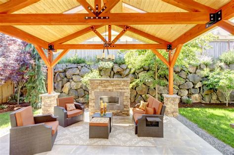 Exterior Covered Patio With Fireplace And Furniture All Star