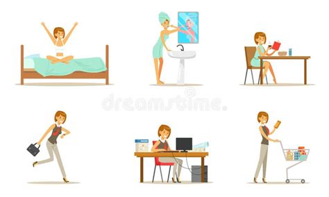 Daily Routine For A Woman Set Of Vector Illustrations Stock Vector