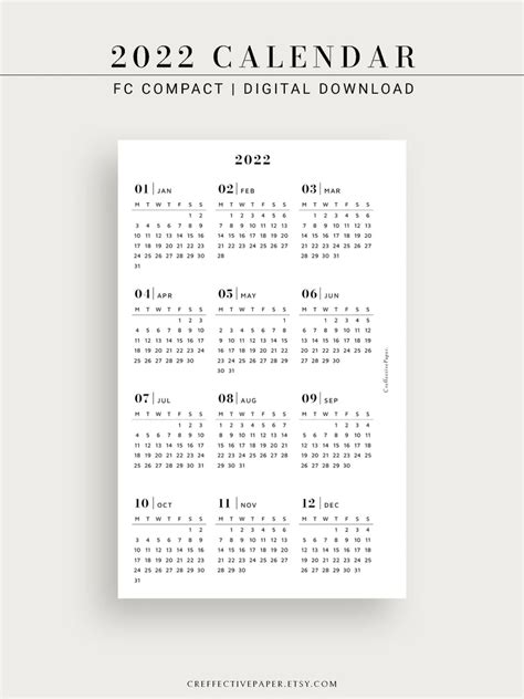 2022 Yearly Calendar FCC Planner Inserts Printable Template Etsy