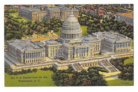 Washington Dc Capitol Building United States Aerial View Linen Postcard