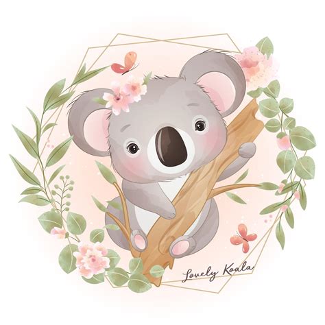 Cute Doodle Koala Bear With Floral Illustration 2064202 Vector Art At
