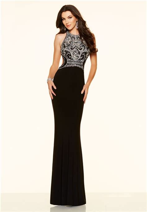 Fitted Mermaid Backless Long Black Jersey Beaded Prom Dress