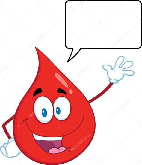 Happy Red Blood Drop Cartoon Mascot Character Waving With Speech Bubble