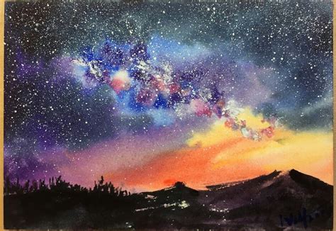 Watercolor Milky Way Sky Painting Watercolor Sky Watercolor Paintings